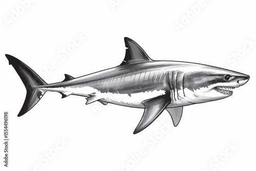 detailed monochrome vector graphic of a swimming great white shark for wildlife, oceanography, and educational use