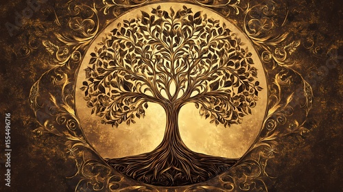 Ornate Golden Tree of Life isolated on transparent background