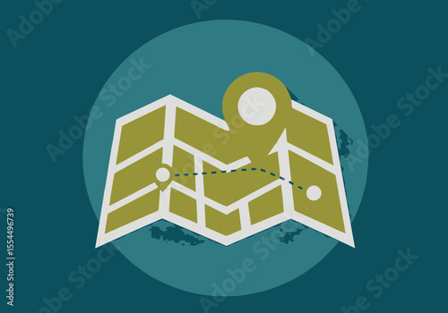 A teal circular icon featuring a folded green and white map with red location pins and a dashed route line, casting a long shadow.