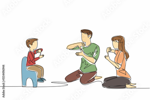 Single continuous line drawing boy sitting on a small chair in front of father and mother. Communicate without sound. Limitations. Sign. Mother Father Deaf Day. One line design vector illustration