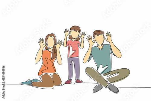 Single one line drawing the daughter stands in the middle of the seated father and mother. Hearing problem. Symbol of not hearing. Mother Father Deaf Day. Continuous line design graphic illustration