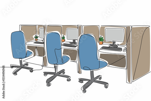 Continuous one line drawing cubicle office with 3 boxes in a row. Design the room as for operators. Comfort while working is priority. National Cubicle Day. Single line draw design vector illustration