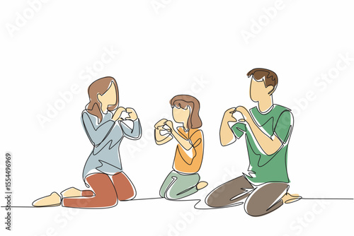 Single continuous line drawing mother, daughter and father sitting on the floor while making hand gestures. Expressing love without words. Mother Father Deaf Day. One line design vector illustration