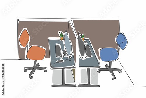 Single continuous line drawing cubicle office facing each other. Designed for easy coordination between coworkers. Convenience. Neat. Clean. National Cubicle Day. One line design vector illustration