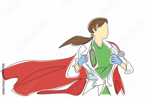Continuous one line drawing female doctor wearing robe and wings. Pose ready whenever needed. A true hero. Professional. Metaphor. National Superhero Day. Single line draw design vector illustration