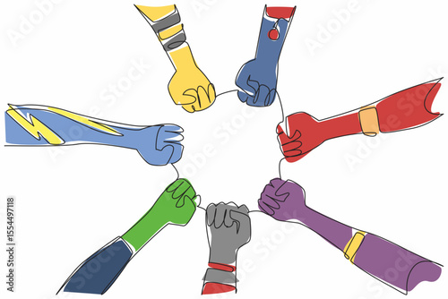 Single one line drawing some superhero hands of various variations and colors. Seven heroes present ready to help humans. Defender. National Superhero Day. Continuous line design graphic illustration