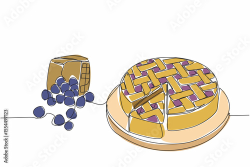 Single continuous line drawing blueberry pie on a round wooden cutting board. Eat together with sweet and sour berries. Deliciousness. National Blueberry Pie Day. One line design vector illustration
