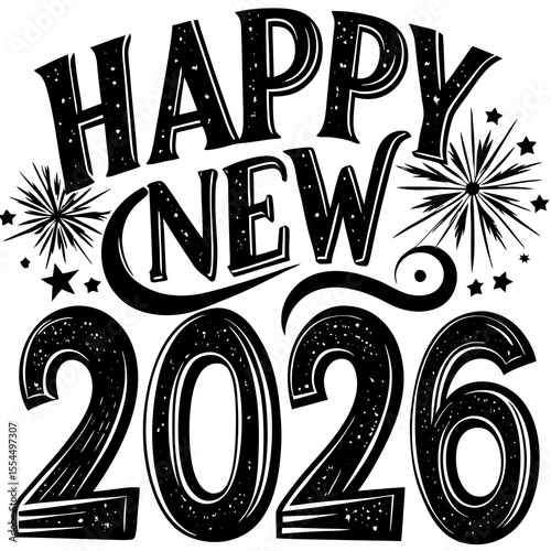 Happy new year 2026 celebration with fireworks and stars typography
