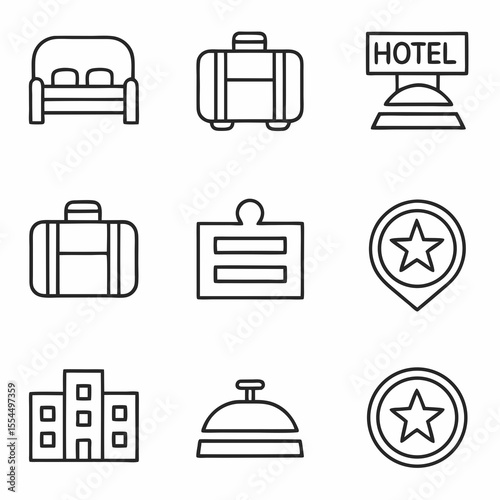 Collection of hotel and travel related line art icons on a white background