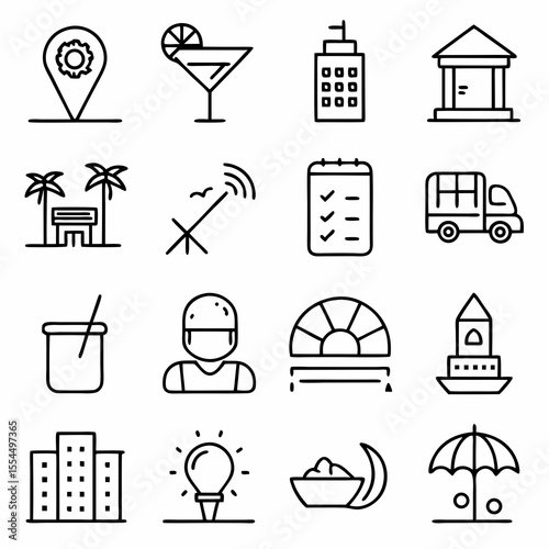 Collection of diverse outline icons representing travel business and lifestyle elements
