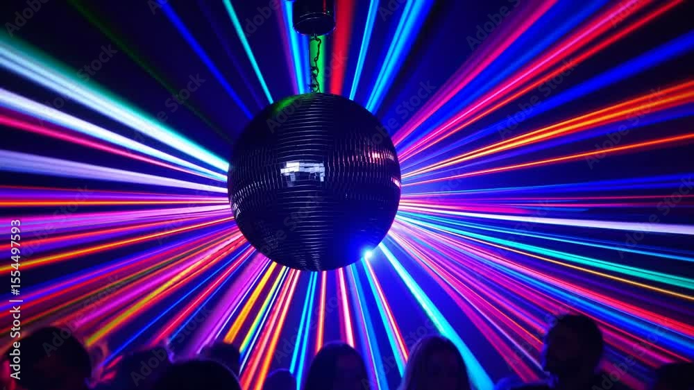 spinning disco ball with symmetrical rainbow laser beams filling nightclub, symbolizing euphoric release, sound-driven visual experience, freedom through music, and the surreal energy of nightlife