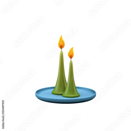 Two slender, pointed, green candles stand on a blue circular plate