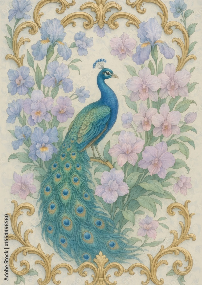 Obraz premium Elegant peacock amidst floral beauty.