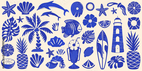 Vibrant blue tropical beach elements collection featuring dolphins fish palm trees surfboard and tropical fruits