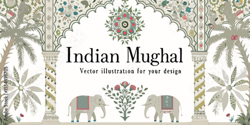 Elegant indian mughal archway with elephants palm trees and floral motifs vector illustration