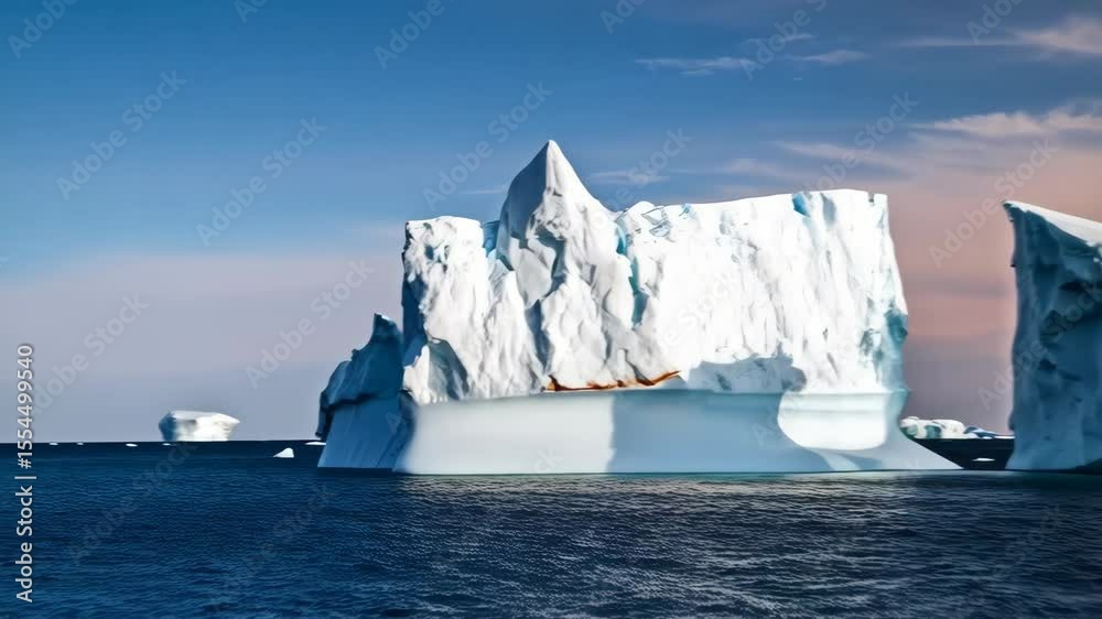 Icebergs float in the frigid waters of the ocean, showcasing their immense size and unique shapes under a partly cloudy blue sky, frozen landscape.