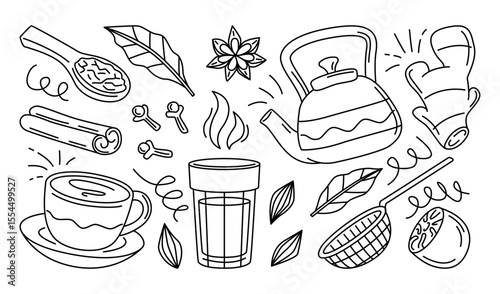 Masala Chai Ingredients Line Art Illustration