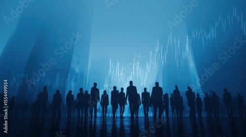 Silhouetted figures stand in a blurred blue abstract landscape with light beams.