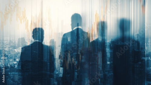 Silhouetted business people stand against a cityscape background with blurred motion effect.