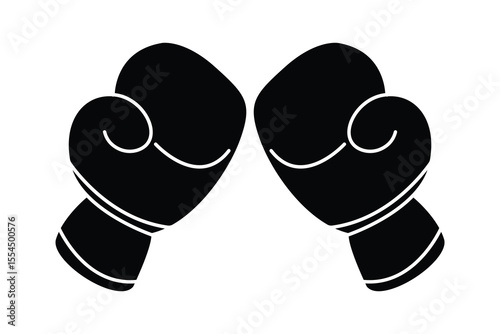 Boxing gloves icon, punching gloves silhouette vector. Champion fighter concept. Boxer fight sign. Combat competition pictogram. black and white background.