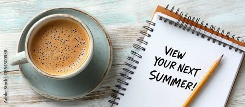 Summer planning coffee, notepad, pencil, wood