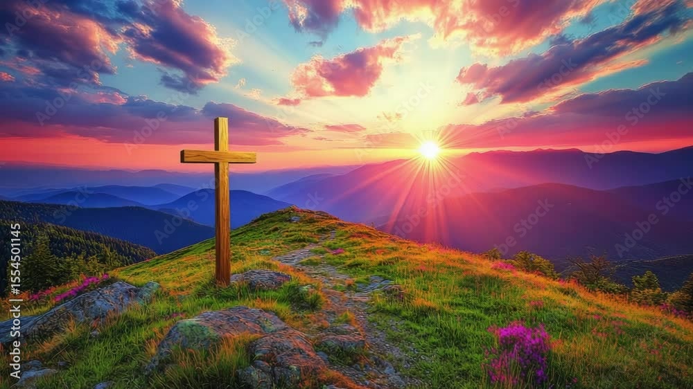 Scenic sunset over mountain landscape with cross and colorful sky. Easter, Pascha, Paskha, Ostern, Pascua, Paques - Orthodox and Catholic Holiday celebration