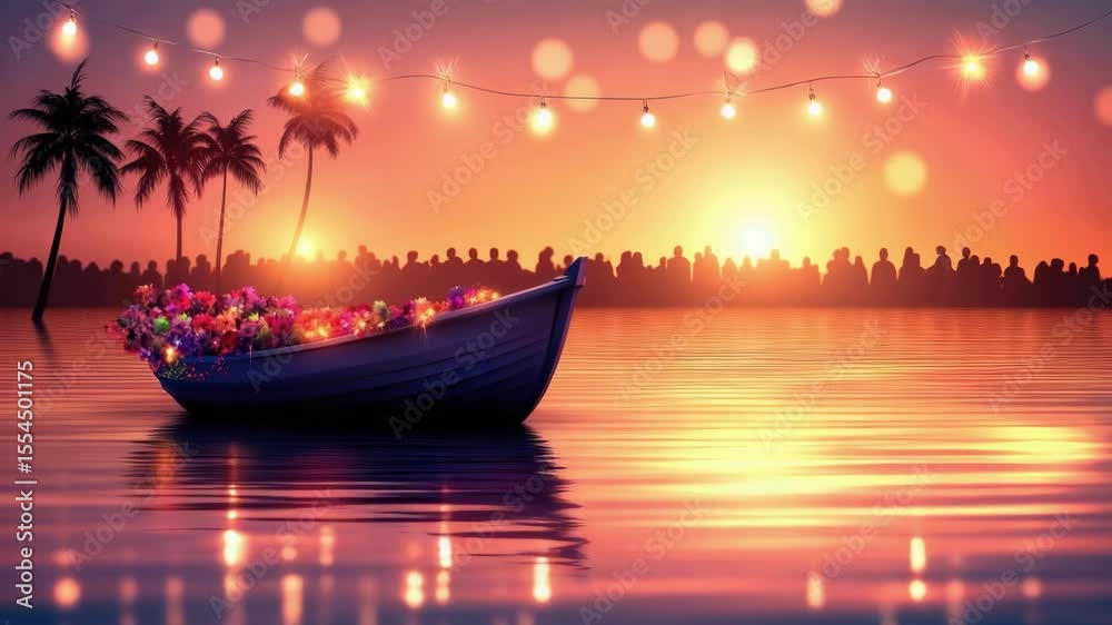Sunset celebration with illuminated boat and palm trees on serene water. Onam Festival, Kerala Harvest Festival, Thiruvonam - Traditional South Indian Cultural Celebration, Malayalam New Year