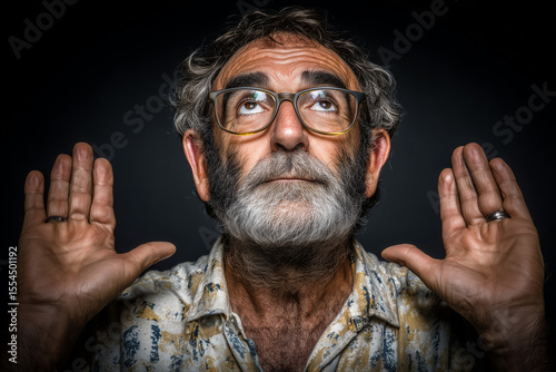 Mystical Contemplation: An older gentleman with a full beard and spectacles gazes upward with palms facing out, conveying a moment of deep thought and introspection.