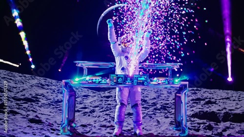 Futuristic DJ astronaut performing an electrifying space rave with glowing visuals on lunar terrain, symbolizing interstellar entertainment, science fiction, music technology, cosmic creativity