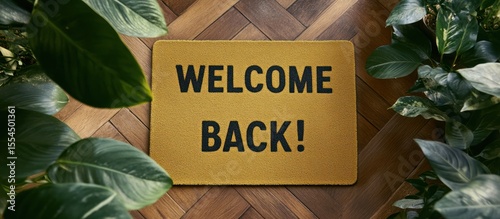 Gold Welcome Back doormat on wood floor, plants