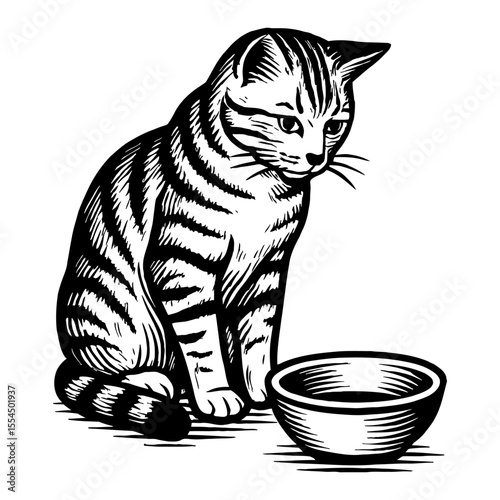 Cat Looking at Bowl Black and White Outline Line Art Drawing with Engraved Detail