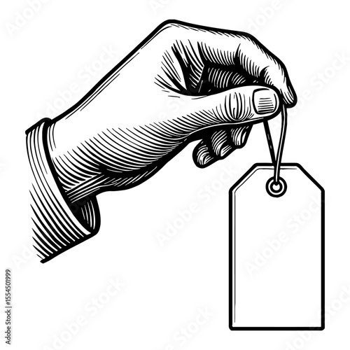 Hand Holding Tag Black and White Outline Line Art Drawing in Engraved Vintage Style Isolated
