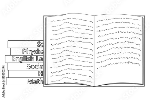 Coloring page of open notebook with handwritten text and stacked school textbooks with inscriptions for lessons on school subjects. Entertaining kids activity, back to school black and white design.