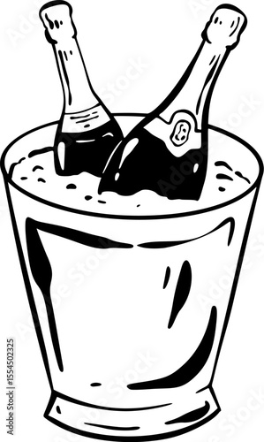 Hand drawn champagne bucket with ice. Sparkling wine chilling in the basket. Prosecco cooler drawing. Vector illustration in sketch style. Christmas, New Year, birthday, bachelorette party celebration