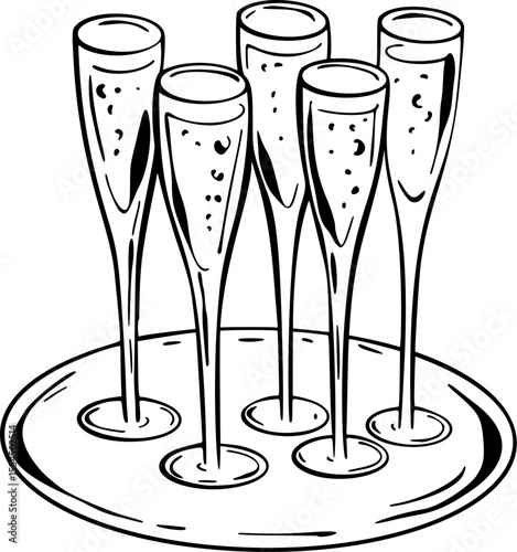 Hand drawn doodle tray with champagne glasses. Sparkling wine sketch vector illustration. Prosecco girly drawing. New year, Christmas< Valentines day, Birthday, bachelorette party romantic celebration
