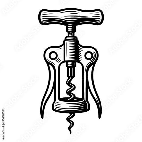Vintage Black and White Outline Line Art Drawing of Wine Corkscrew with Detailed Design and Handle