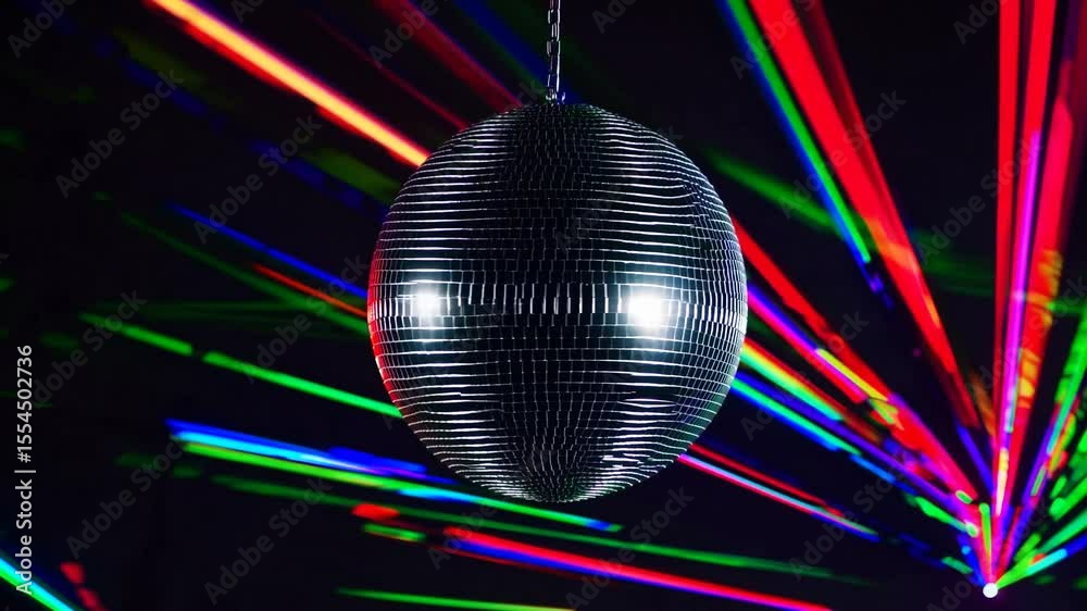 Close-up of shiny disco ball glowing with multicolored laser beams in dark setting, evoking retro party themes, vibrant nightlife energy, music scene ambiance, and nostalgic visual effects