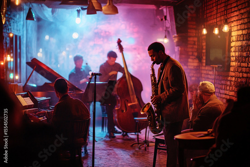 Live jazz band performing in a cozy dimly lit club with neon lights.
