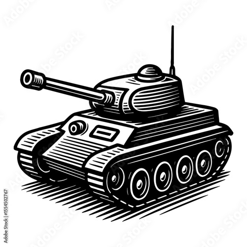 Tank Vehicle in Black and White Outline Line Art Drawing Illustration with Retro Style