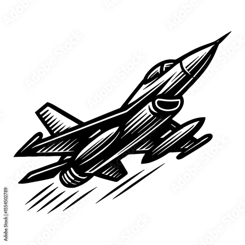 Dynamic Powerful Fighter Jet Military Aircraft Flying Upward with Smoke Trail Black and White Outline Line Art Drawing
