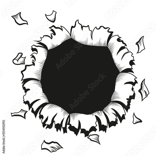 Comic book hole in coloring style. Vector paper is torn through boom explosion. Circle hole in the middle on color background. Comic style cover template or flyer wallpapers