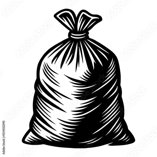 Black and White Outline Line Art Drawing of Trash Bag Illustration for Garbage and Waste Container