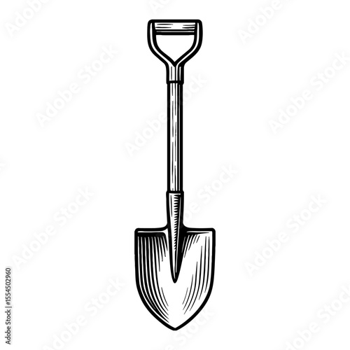 Shovel Detailed Line Art Drawing Black and White Outline Vintage Style Tool Engraving Graphic Design