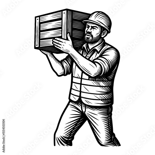 Man Worker Wearing Hard Hat and Vest Carrying Wooden Crate Black and White Outline Line Art Drawing