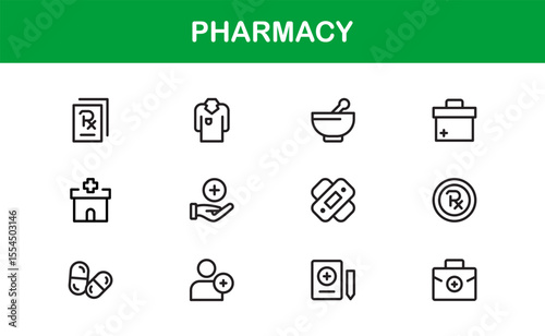 Vector Pharmacy Icon Set Featuring Medical Symbols, Pills, Prescriptions, and Healthcare Elements