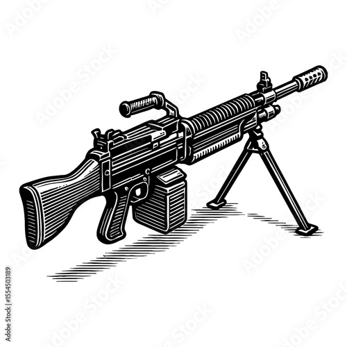 Machine Gun on Tripod Black and White Outline Line Art Drawing Illustration Design in Vintage Style