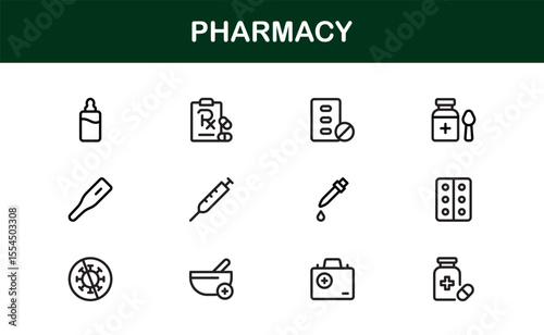 Vector Pharmacy Icon Set Featuring Medical Symbols, Pills, Prescriptions, and Healthcare Elements