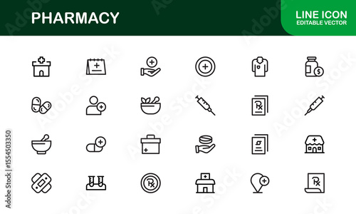 Vector Pharmacy Icon Set Featuring Medical Symbols, Pills, Prescriptions, and Healthcare Elements