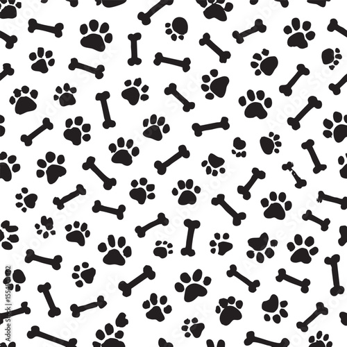 Black paw prints and bones pattern on white background, perfect for pet lovers