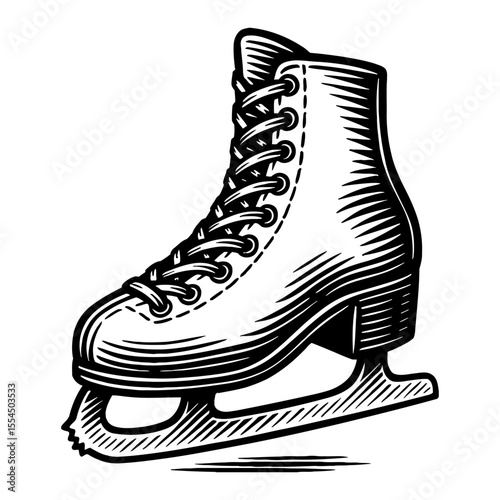 Ice Skate Boot Isolated in Black and White Outline Line Art Drawing with Laces and Heel